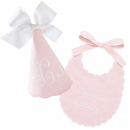 Classic Pink Monogram Hat & Bib Set | Personalized Linen First Birthday Set