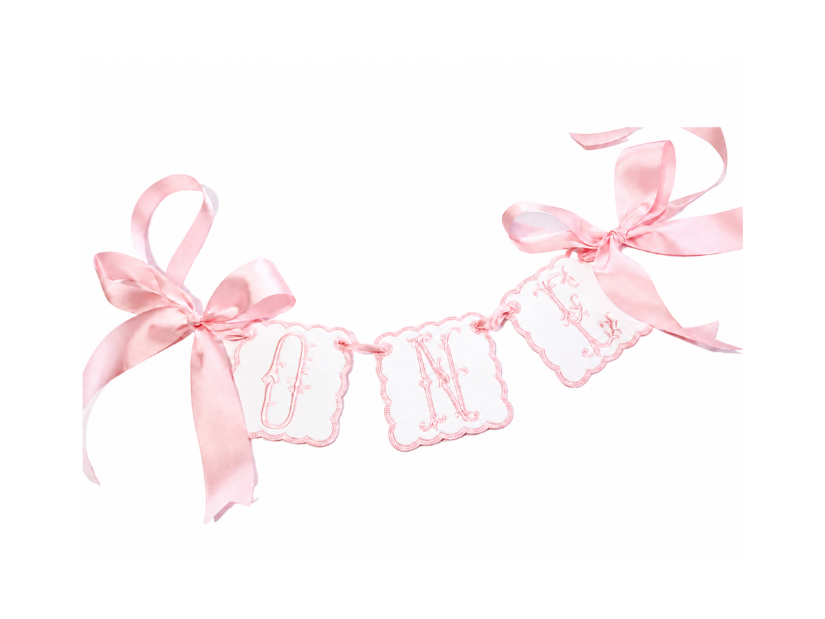 Elegant linen ONE first birthday high chair banner on a white background
