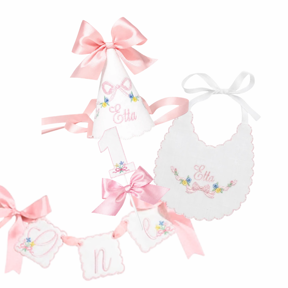 Etta complete 4-piece first birthday set with personalized hat, bib, ONE banner and floral cake topper