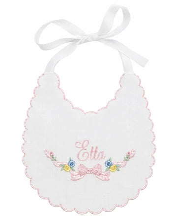 Etta Floral linen first birthday bib with soft pastel floral embroidery