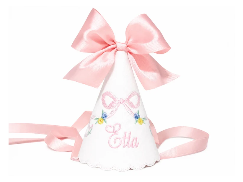 Etta Floral personalized linen first birthday party hat with pastel floral embroidery