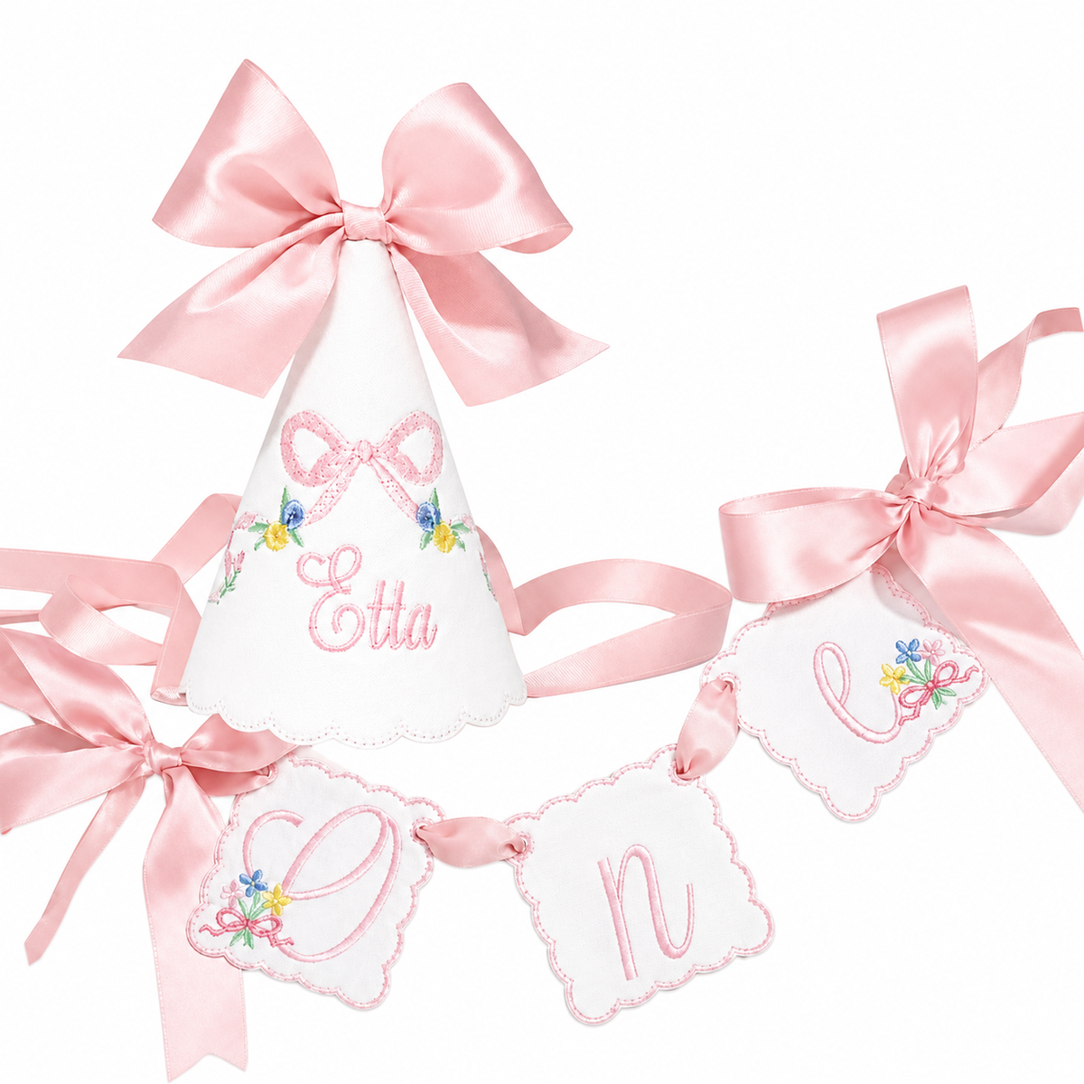 Etta Floral personalized linen first birthday party hat and coordinating ONE high chair banner set