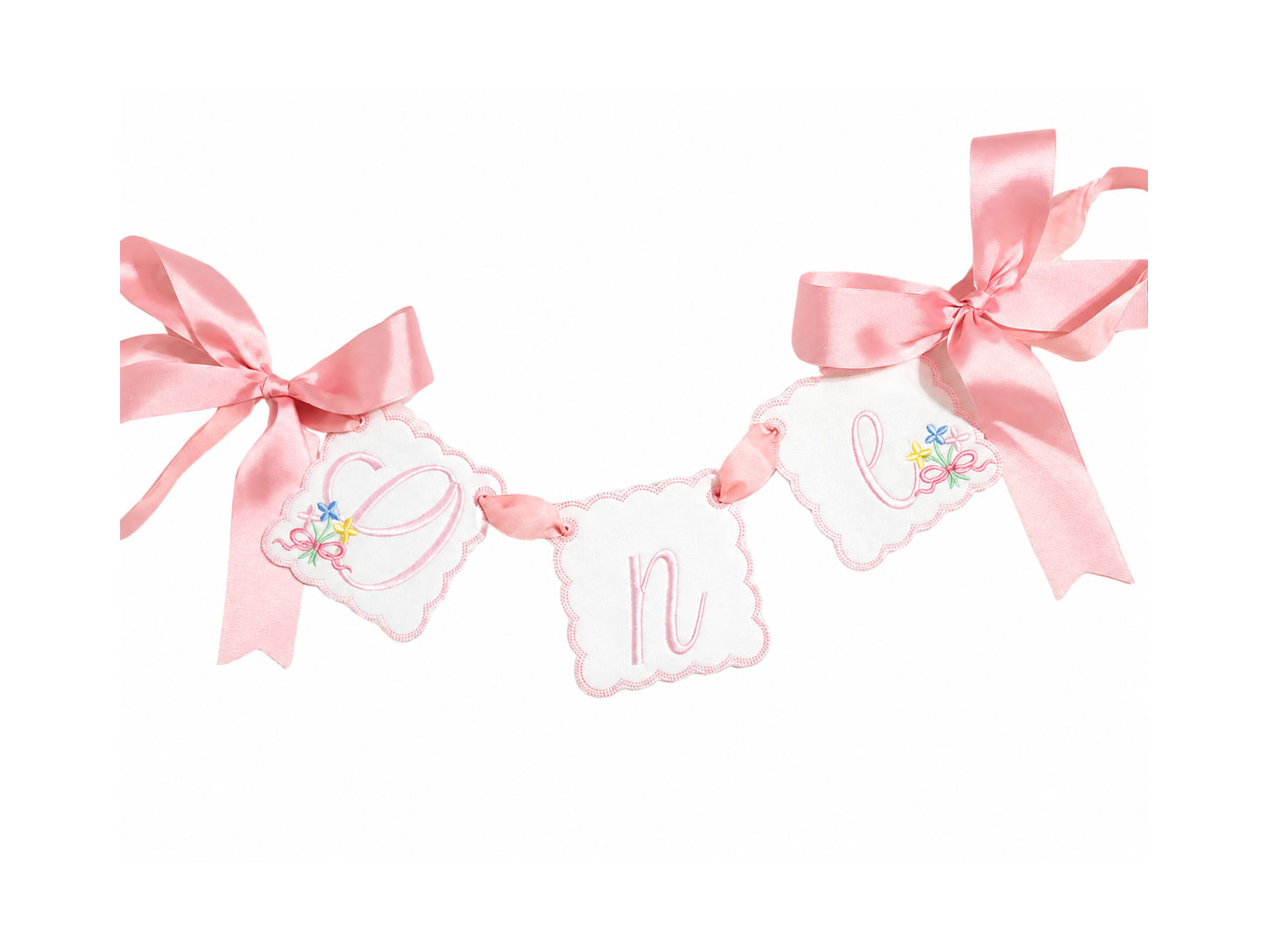 Etta Floral linen ONE first birthday high chair banner with pastel floral embroidery