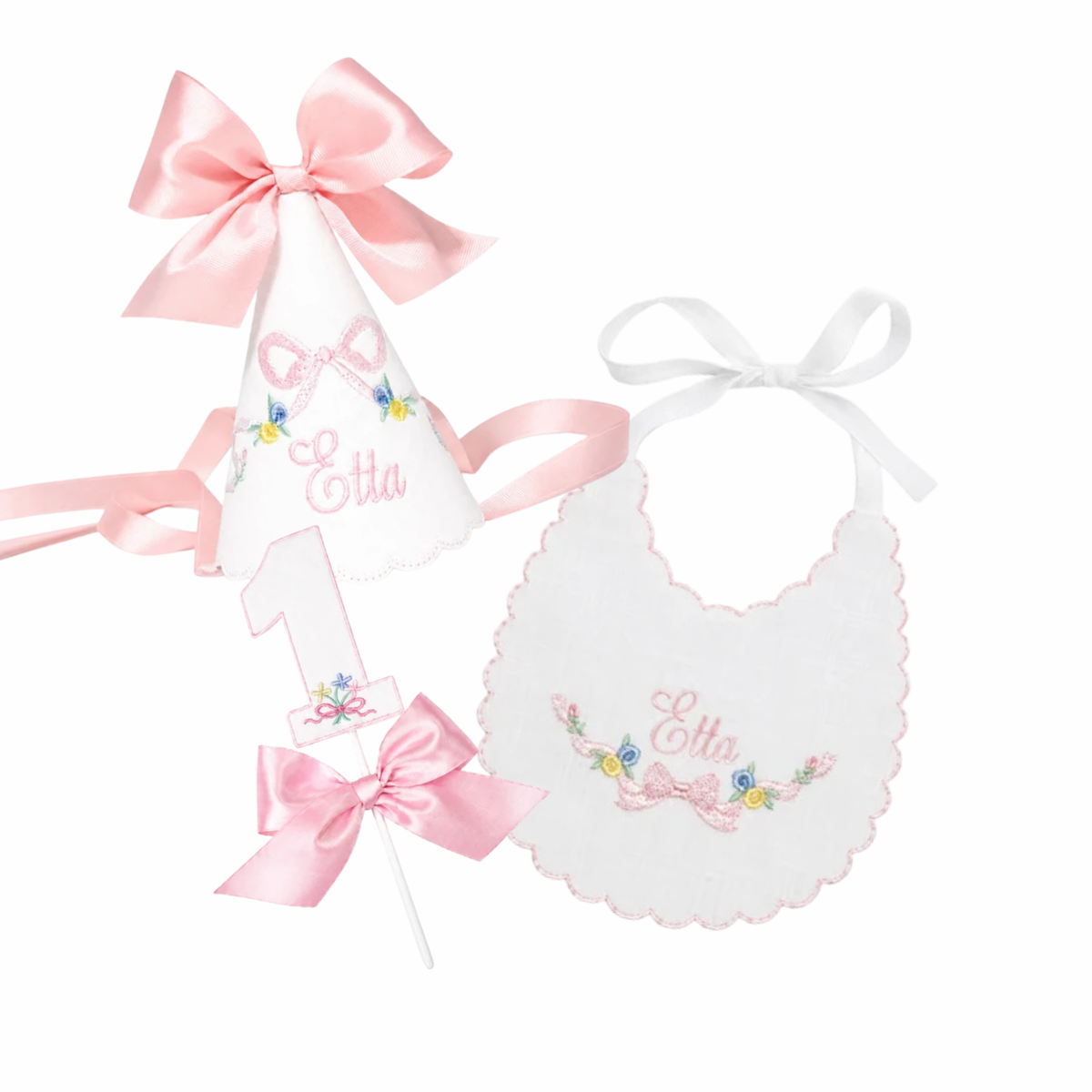 Etta 3-piece first birthday cake smash set with floral party hat, birthday bib, and floral bow cake topper
