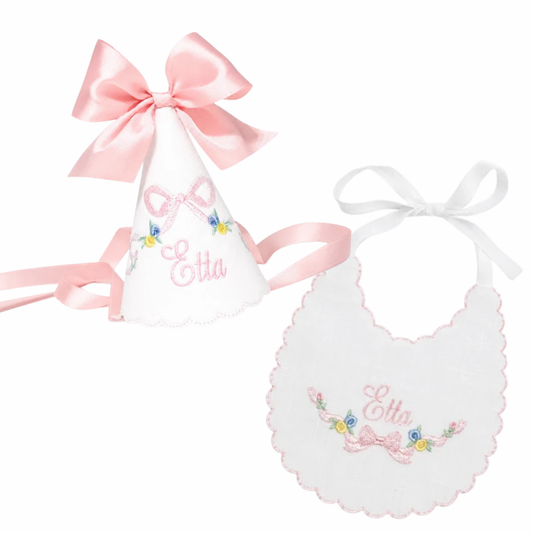 Etta Floral Name Hat & Bib Set | Personalized Linen First Birthday Set