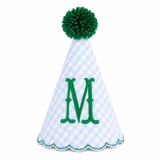 Gingham monogrammed party hat with fishtail initial and green embroidery