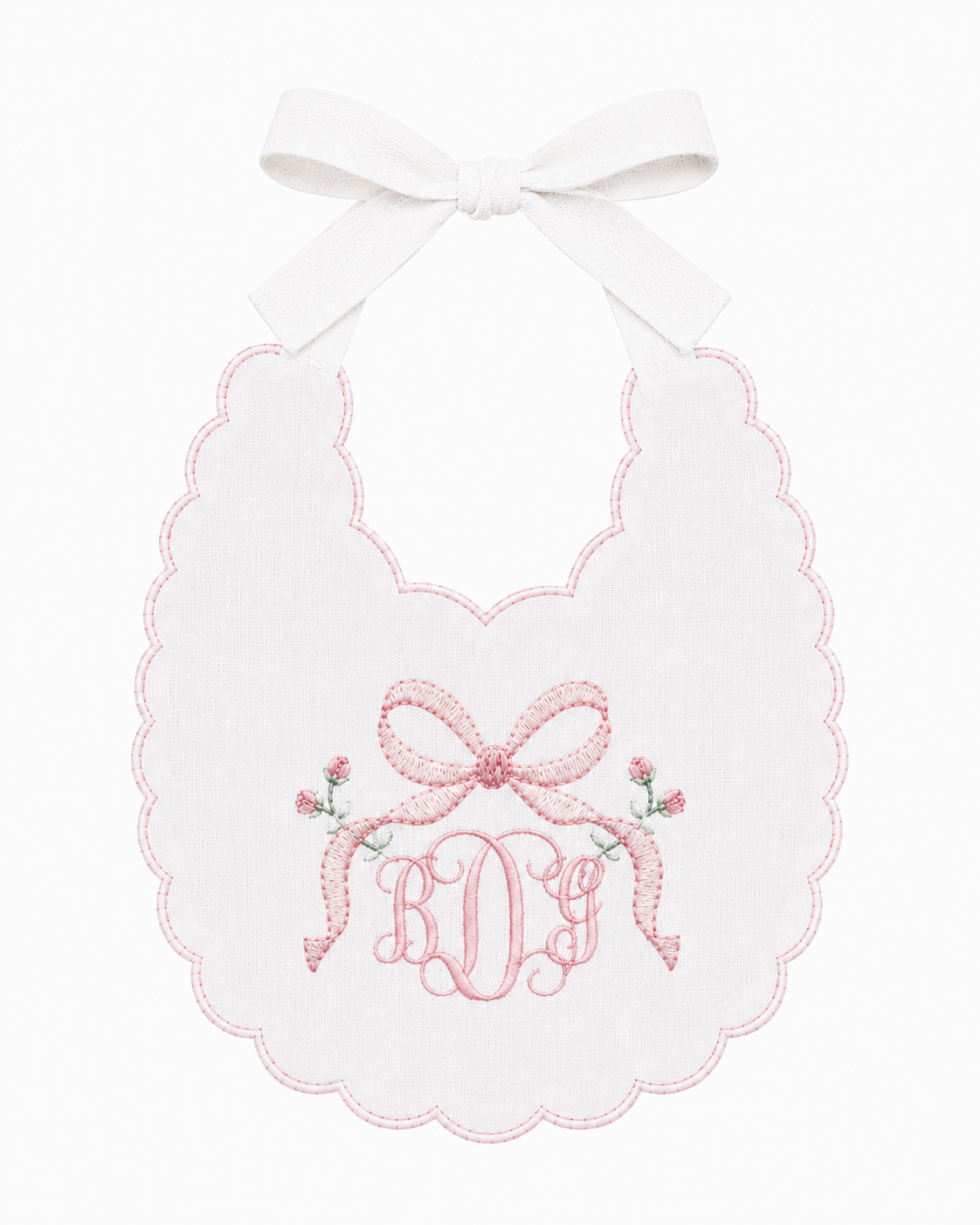 Heirloom Bows and Blooms linen first birthday bib with coordinating floral and bow embroidery