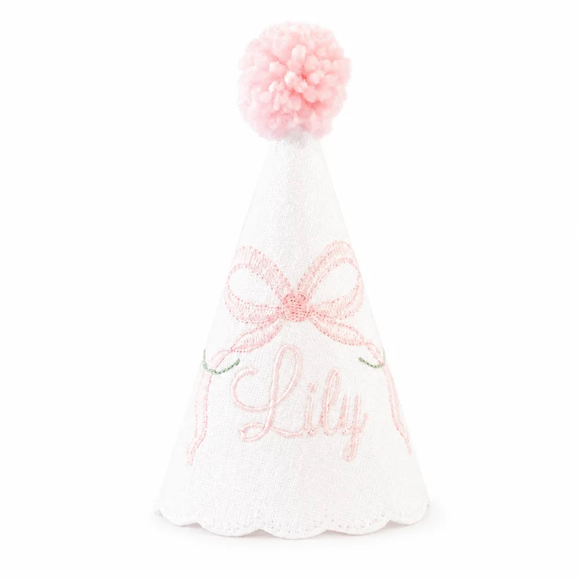 Heirloom Bows and Blooms personalized linen first birthday party hat with floral and bow embroidery