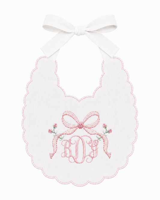 Heirloom Bows and Blooms linen first birthday bib with coordinating floral and bow embroidery