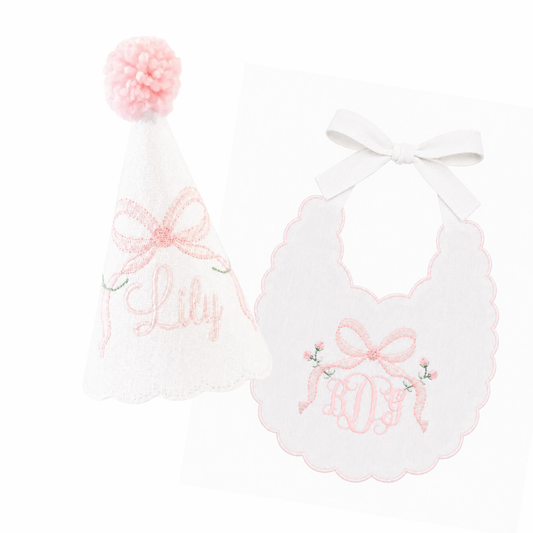 Heirloom Bows & Blooms Hat & Bib Set | Personalized Linen First Birthday Set