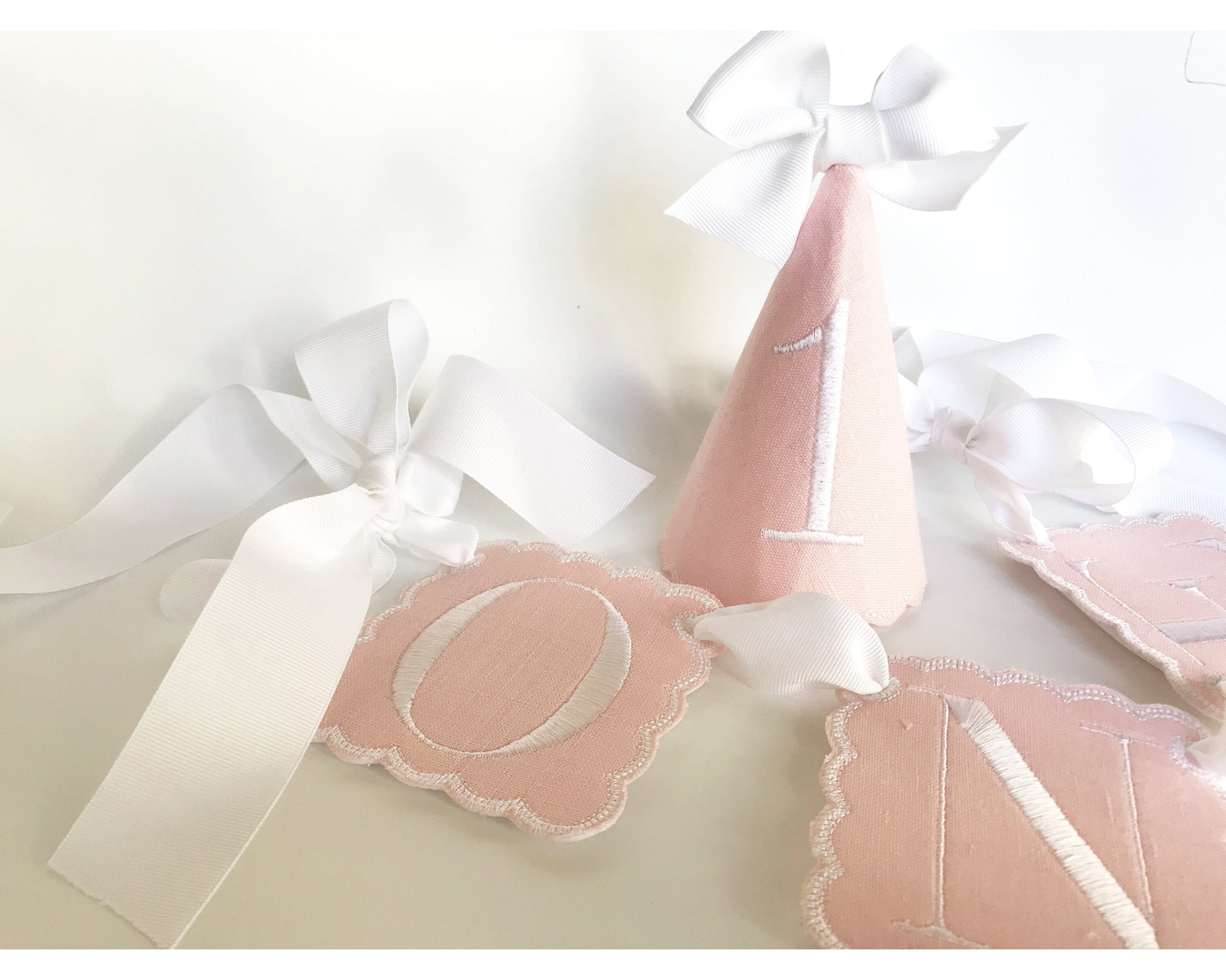 Classic Pink Keepsake 3 pc Birthday Set I Pink White Birthday Party Hat Highchair Banner Cake Topper I Baby's 1st Birthday Party