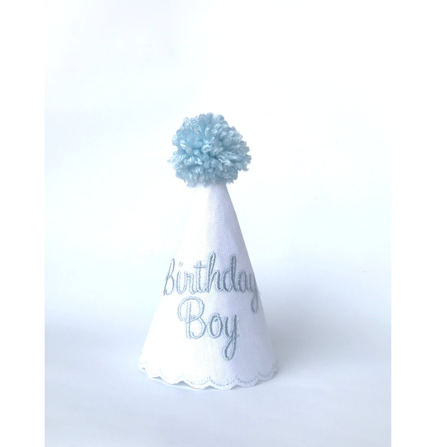 White Linen Birthday Boy Party Hat with Bliss Blue Embroidery & Vintage Scalloped Edging – Ships Next Day for Milestone Birthdays