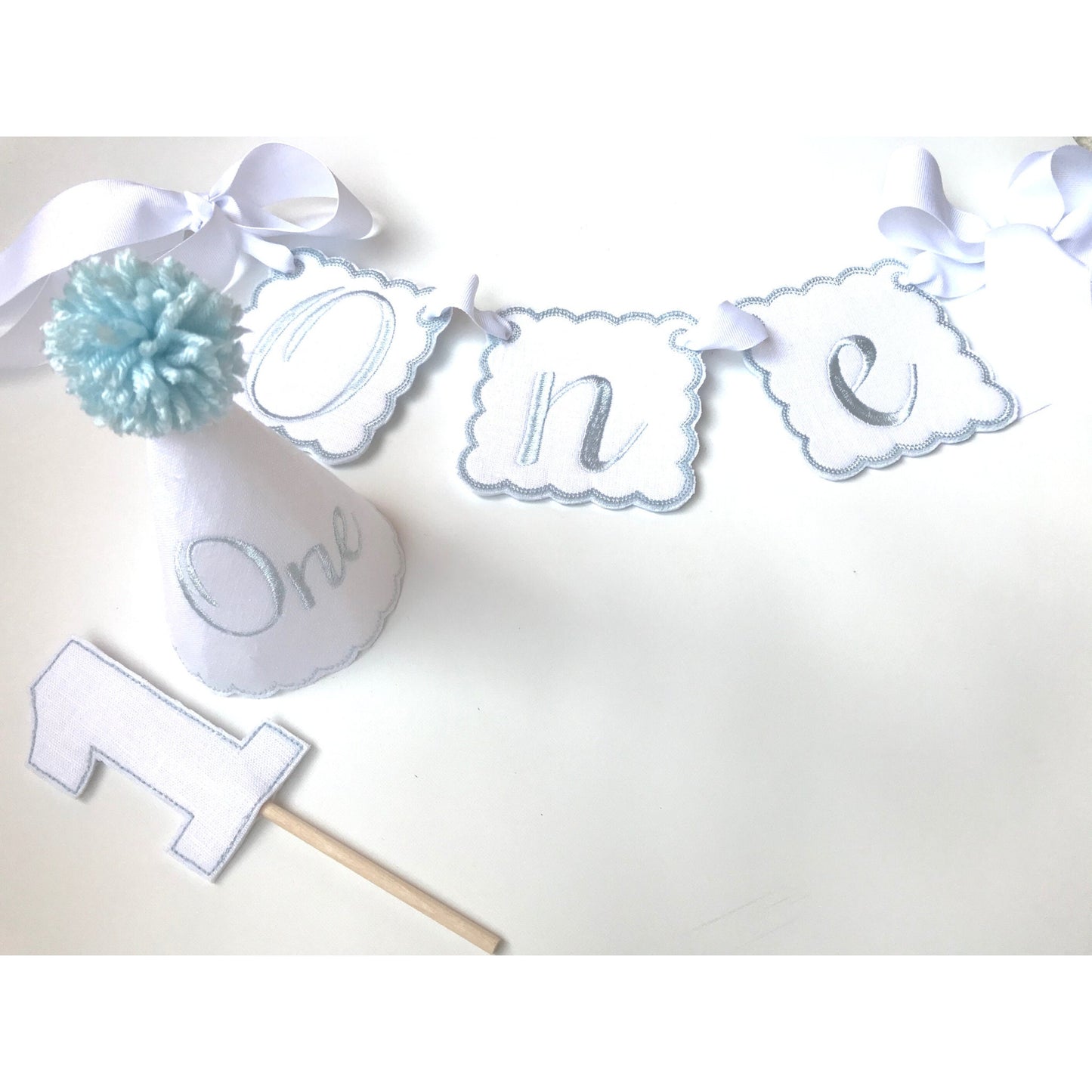 Bliss One 3 Piece Party Set I Blue White Birthday Party Hat and Highchair Banner I Baby Boy 1st Birthday Party I Cake Smash Hat