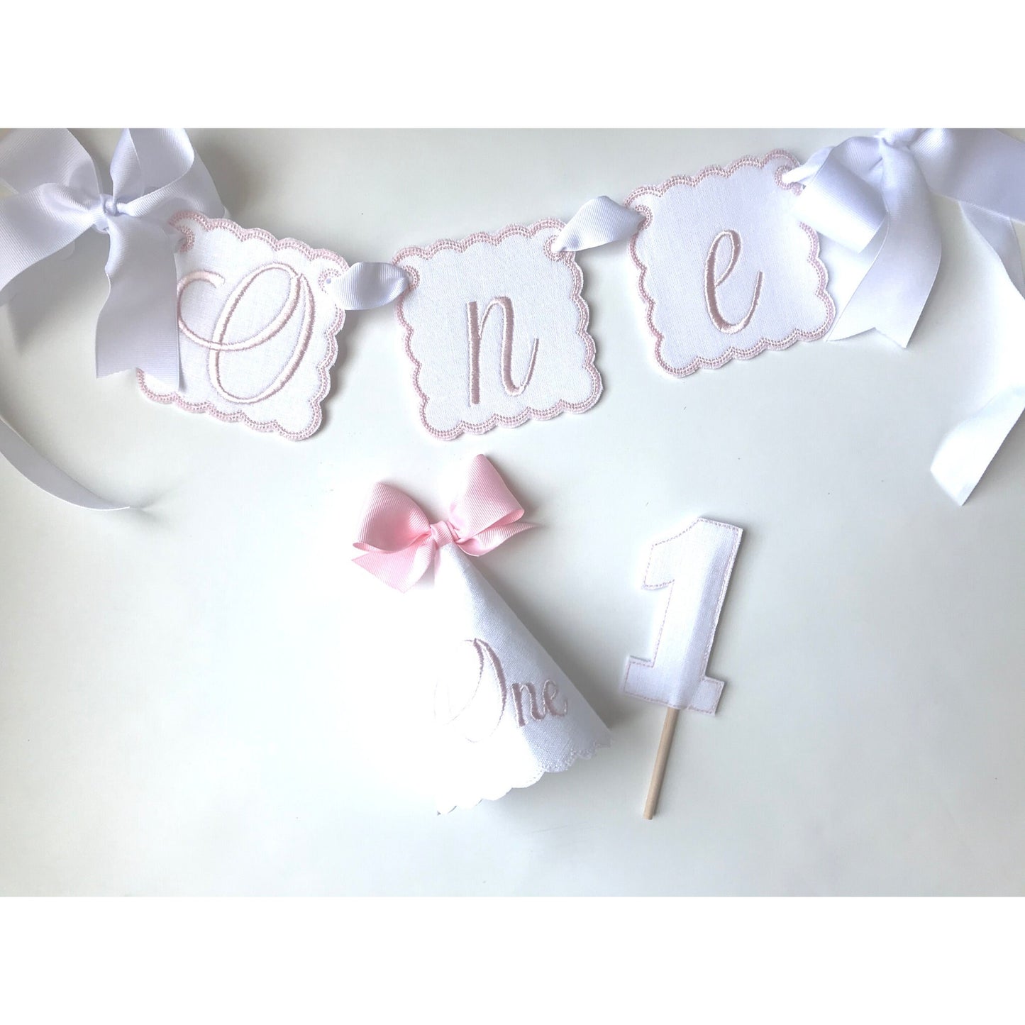 Blush Pink One Keepsake 3 Piece Party Set I Pink White Birthday Party Hat Highchair Banner Cake Topper I Cake Smash I Baby's 1st Birthday