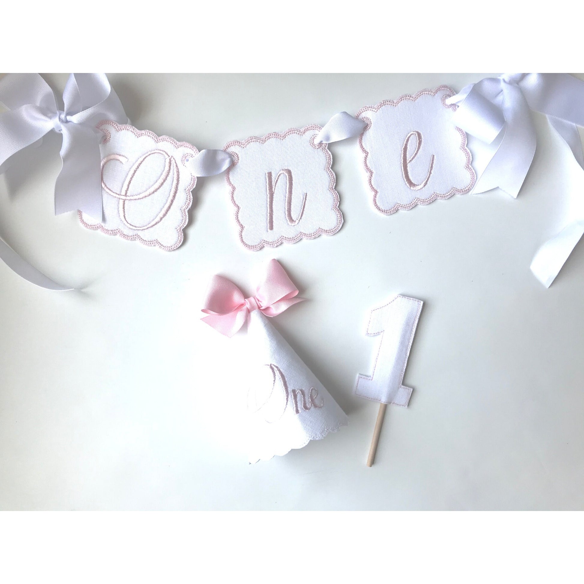 Blush Pink One Keepsake 3 Piece Party Set I Pink White Birthday Party Hat Highchair Banner Cake Topper I Cake Smash I Baby's 1st Birthday