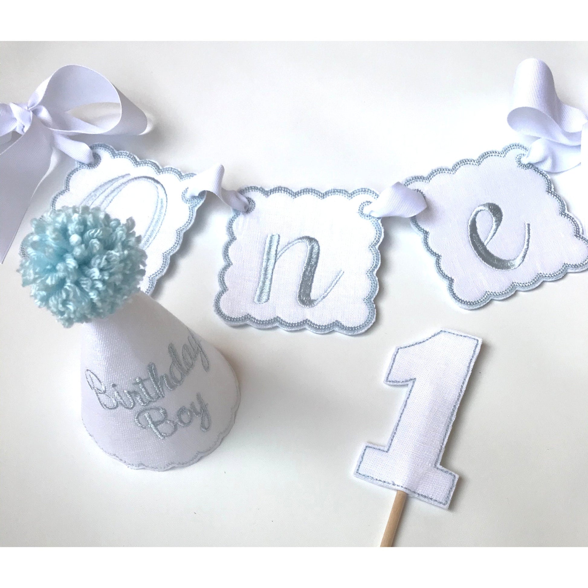Birthday Boy 3 Piece Party Set I Baby Boy's 1st Birthday Party Hat Highchair Banner Keepsake Cake Topper I Blue White Birthday Hat Decor