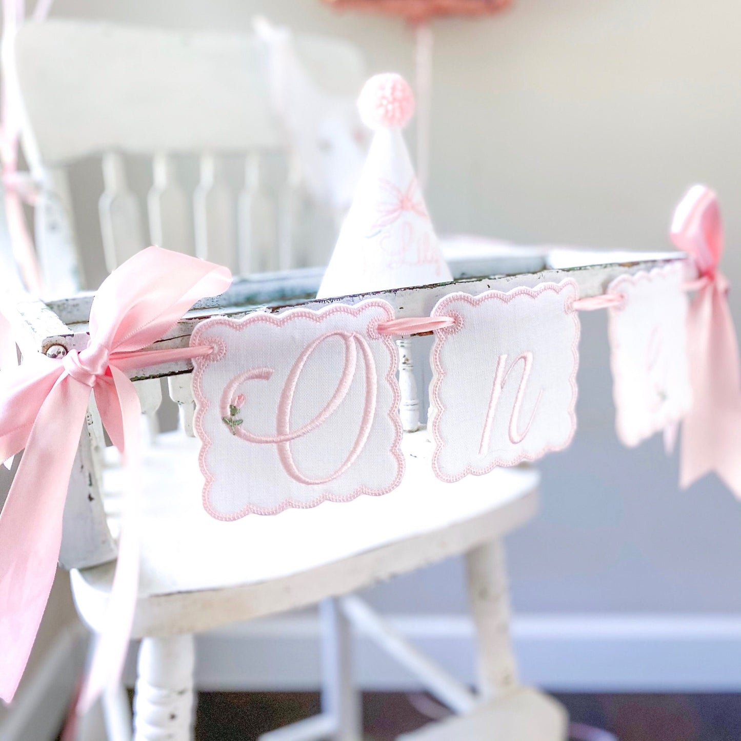 Rosebud First Birthday Hat and High Chair Banner Set – Linen Keepsake Party Decor