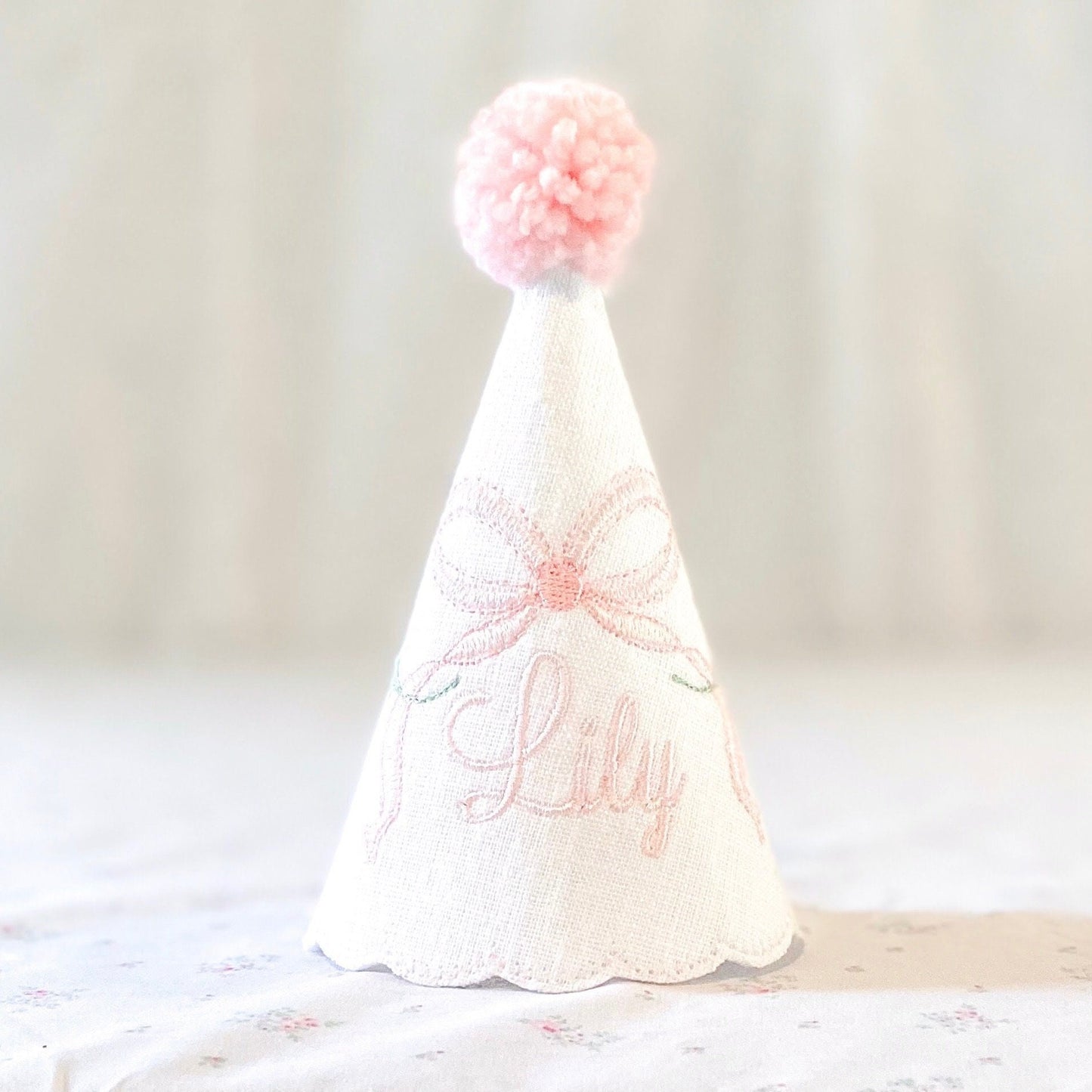 Rosebud First Birthday Hat and High Chair Banner Set – Linen Keepsake Party Decor
