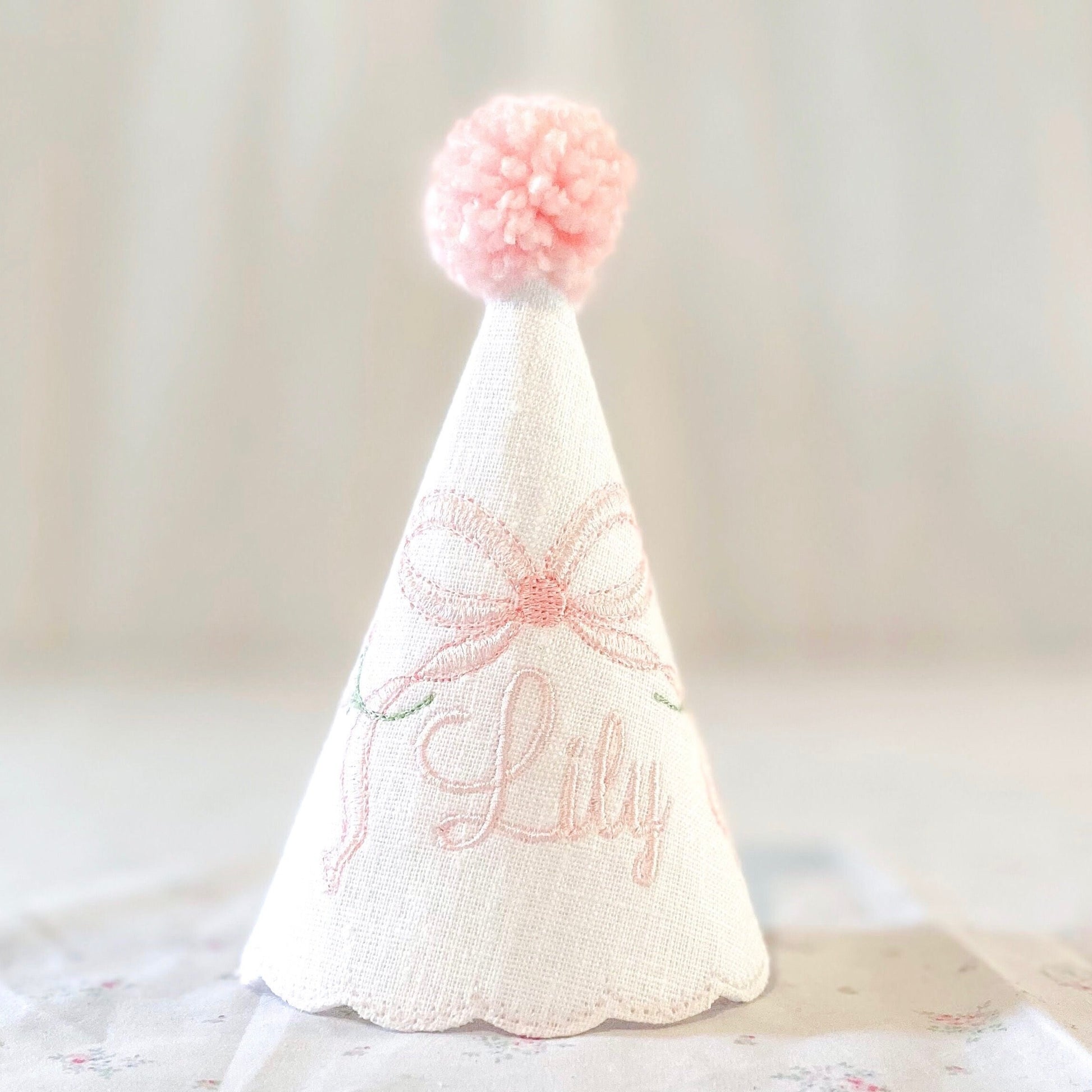 Rosebud First Birthday Hat and High Chair Banner Set – Linen Keepsake Party Decor