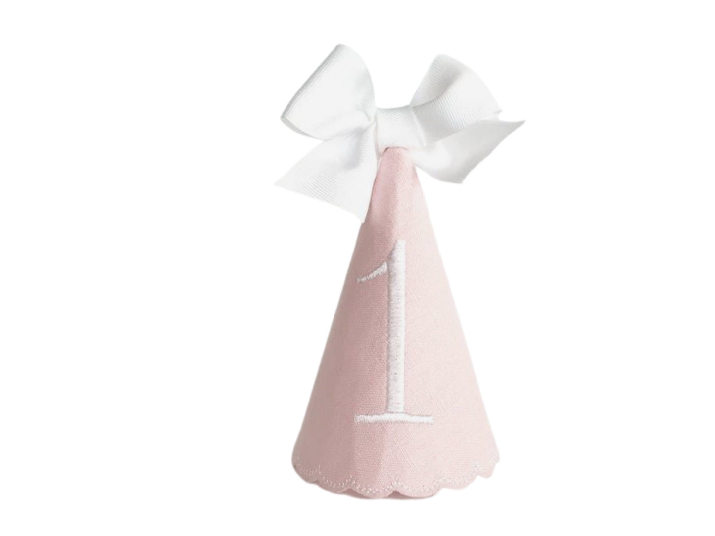 Pink Linen Birthday Party Hat | Scalloped Edge, Bow Topper, Baby's 1st Celebration