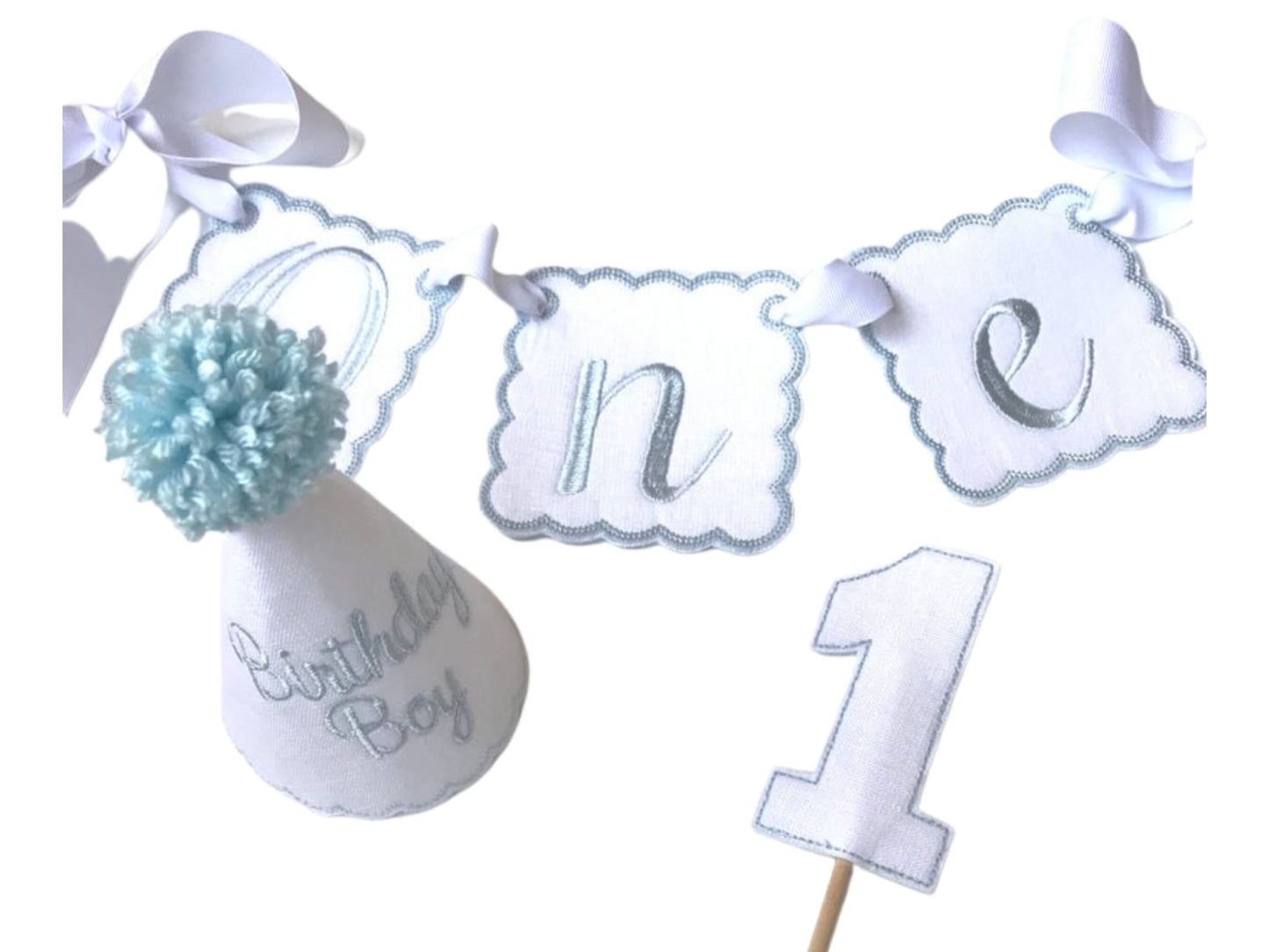 Birthday Boy 3 Piece Party Set I Baby Boy's 1st Birthday Party Hat Highchair Banner Keepsake Cake Topper I Blue White Birthday Hat Decor