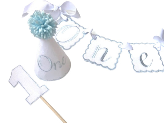 Bliss One 3 Piece Party Set I Blue White Birthday Party Hat and Highchair Banner I Baby Boy 1st Birthday Party I Cake Smash Hat