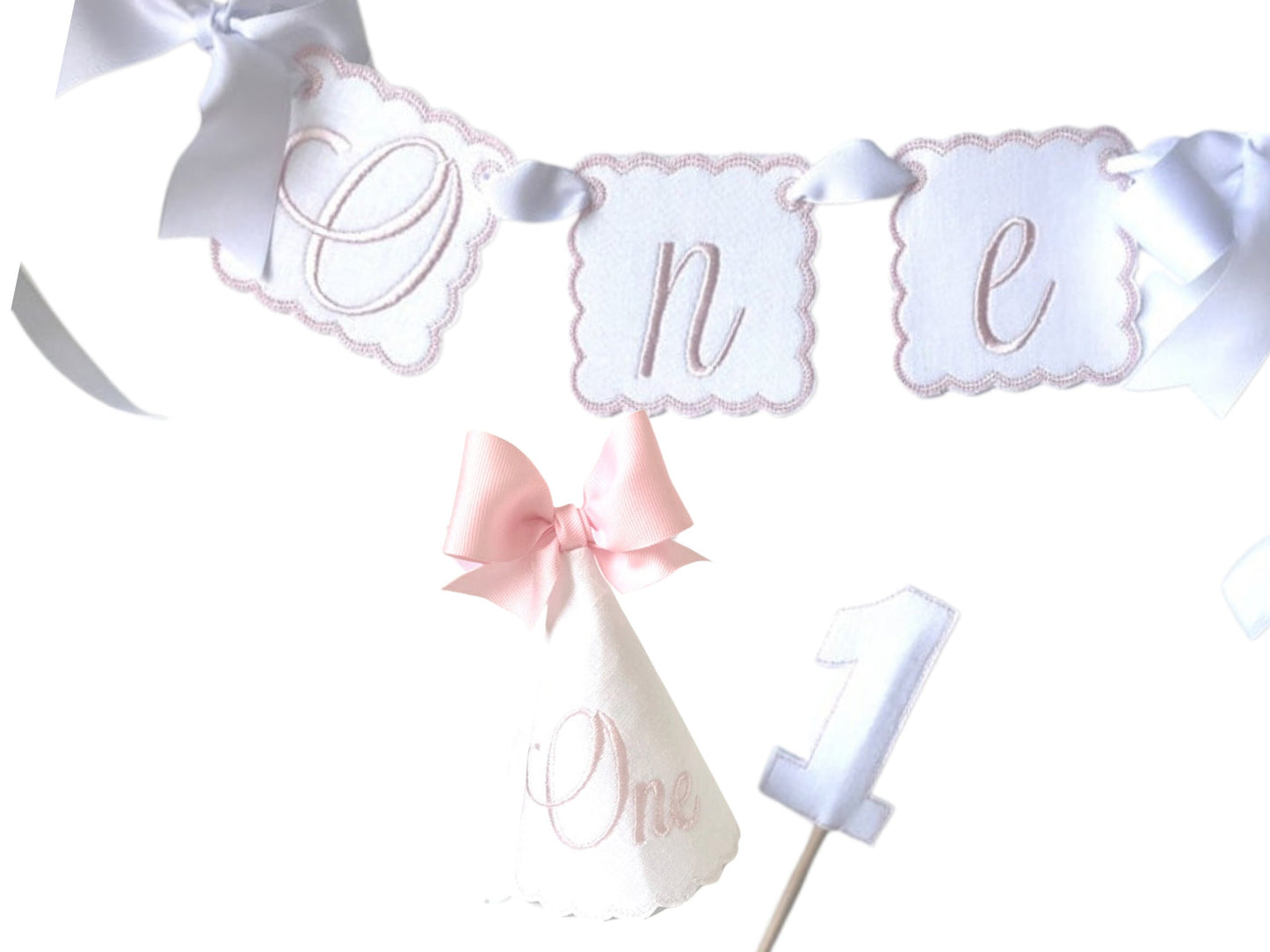 Blush Pink One Keepsake 3 Piece Party Set I Pink White Birthday Party Hat Highchair Banner Cake Topper I Cake Smash I Baby's 1st Birthday