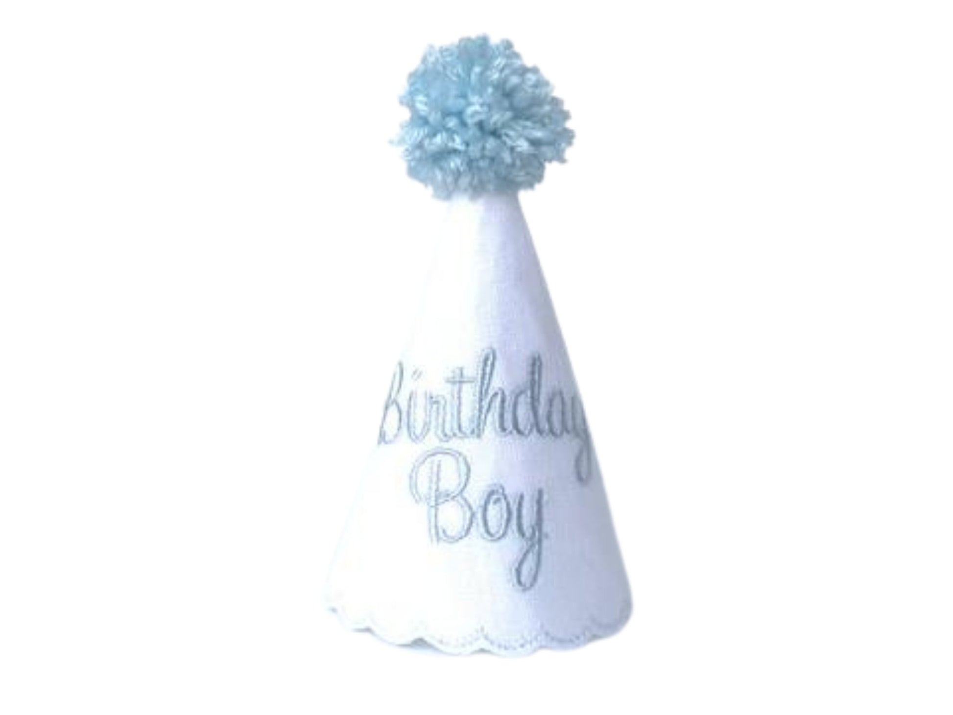 White Linen Birthday Boy Party Hat with Bliss Blue Embroidery & Vintage Scalloped Edging – Ships Next Day for Milestone Birthdays