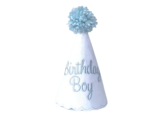 White Linen Birthday Boy Party Hat with Bliss Blue Embroidery & Vintage Scalloped Edging – Ships Next Day for Milestone Birthdays