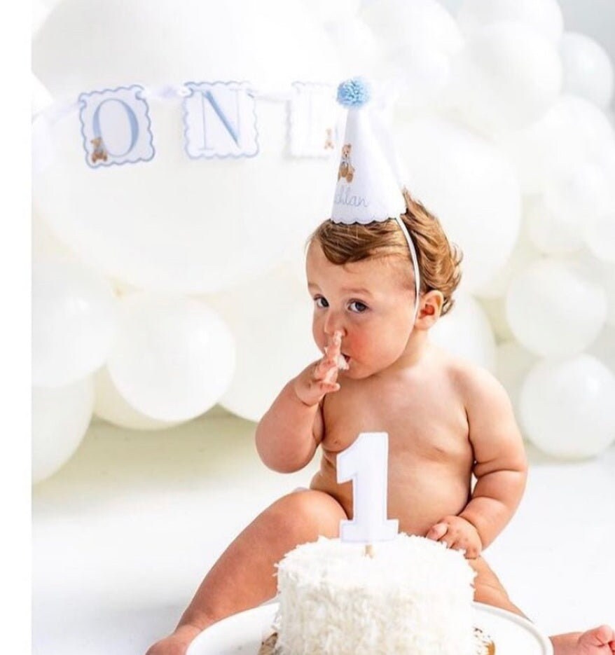 Teddy Bear First Birthday Boy Set, Blue Cake Smash Outfit, Hat, High Chair Banner
