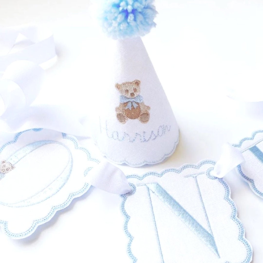 Teddy Bear First Birthday Boy Set, Blue Cake Smash Outfit, Hat, High Chair Banner