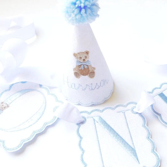 Teddy Bear First Birthday Boy Set, Blue Cake Smash Outfit, Hat, High Chair Banner