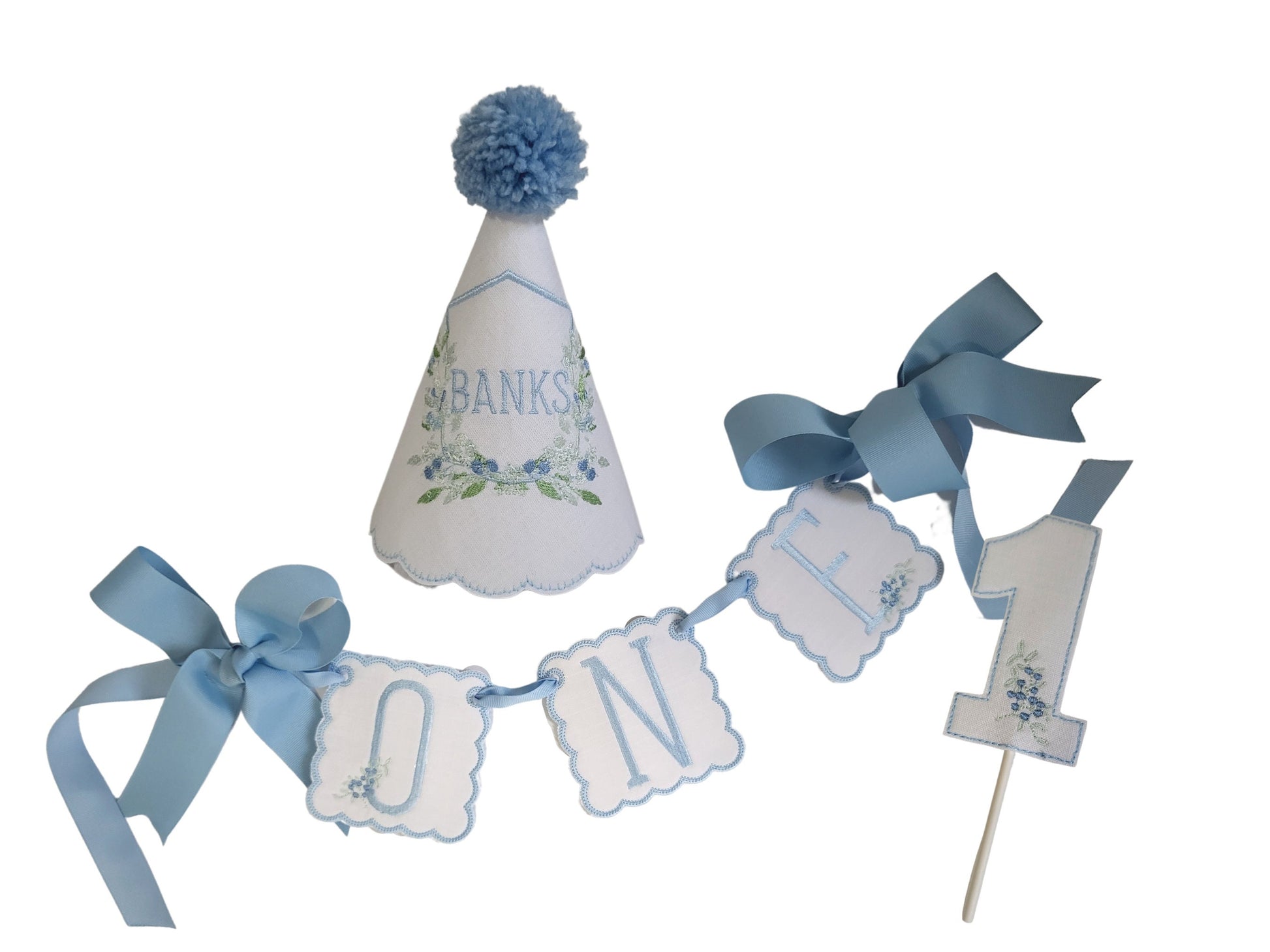 Banks Monogrammed Berry Crest 3 Piece Party Set I Blue White Keepsake Party Hat I Birthday Crest Hat I Baby Boy Crest I Cake Smash Outfit
