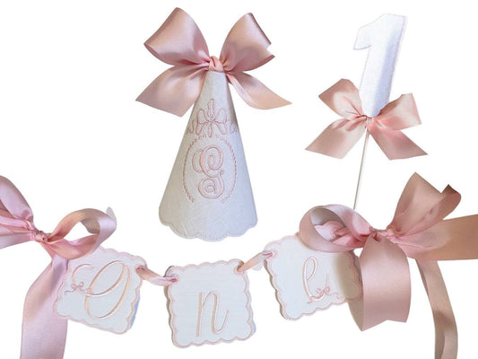 Cosette Keepsake 3 Pc Birthday Set I Bow Party Hat I Classic Pink Party Hat I Floral Birthday Party Hat I Bow High Chair Banner