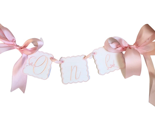 Blush Bow High Chair Banner – Linen First Birthday Decor, Baby Girl Cake Smash Keepsake
