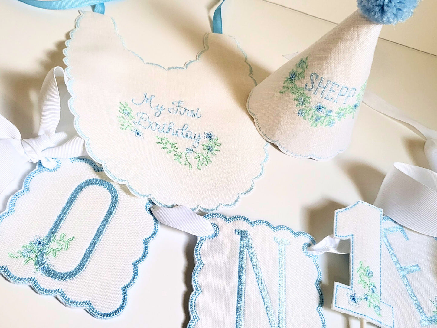 August Southern Floral Birthday Party Set I Keepsake Hat, Highchair Banner, Heirloom Bib, Bow Cake Topper I Keepsake Party 4 Piece Set