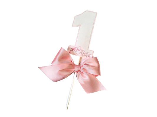 Bella Bow Personalized Cake Topper I Pink and White Bow Cake Topper I One Cake Topper I Girls Cake Topper I Monogrammed Cake Smash Topper