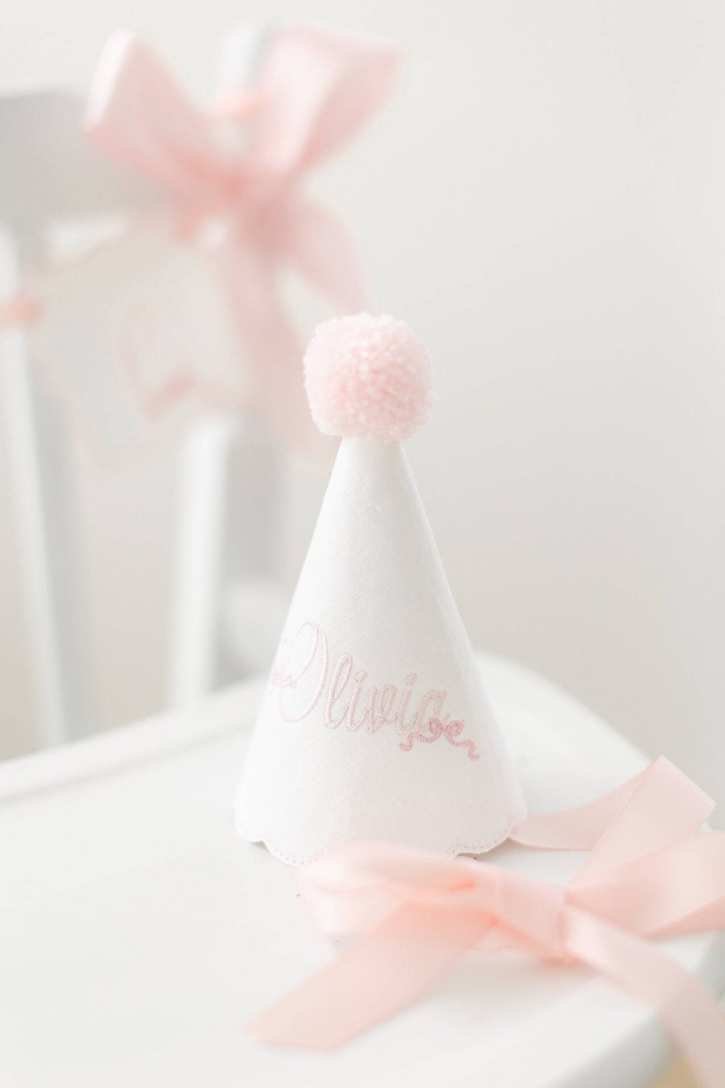 Olivia Personalized Bow Pom Party Hat I Pink Bow Keepsake Birthday Party Hat I Bow Birthday Party I Cake Smash Hat I Pink Bow Party