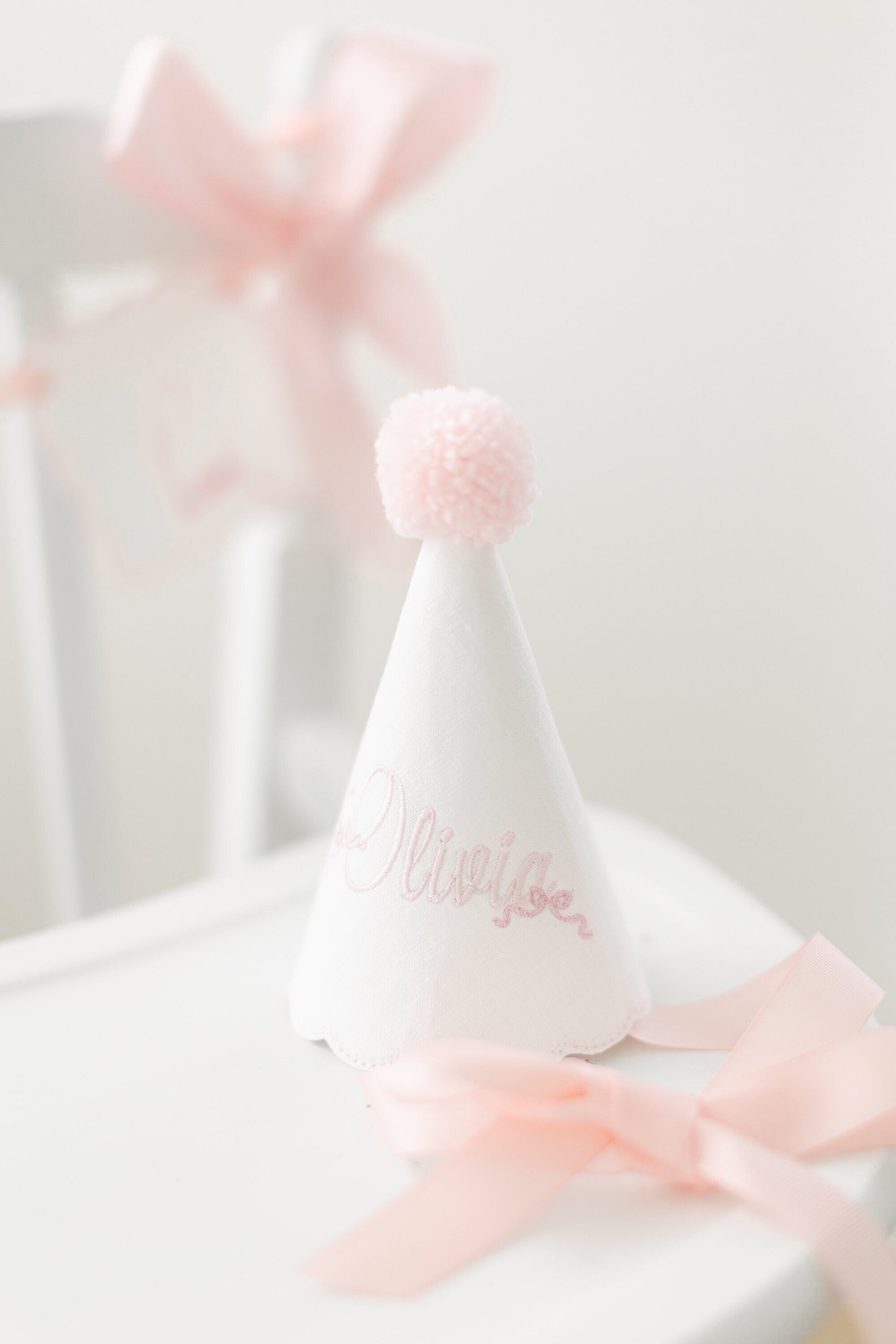 Olivia Personalized Bow Pom Party Hat I Pink Bow Keepsake Birthday Party Hat I Bow Birthday Party I Cake Smash Hat I Pink Bow Party