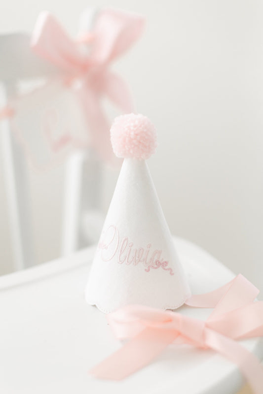 Olivia Personalized Bow Pom Party Hat I Pink Bow Keepsake Birthday Party Hat I Bow Birthday Party I Cake Smash Hat I Pink Bow Party
