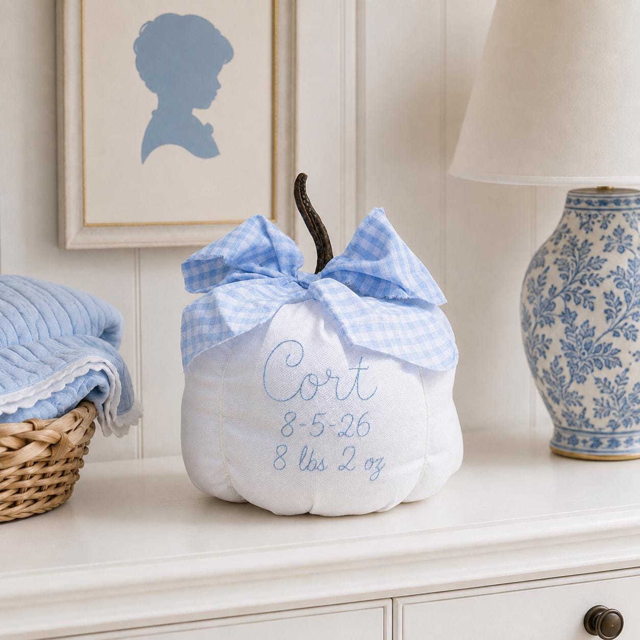 Personalized Baby's First Pumpkin, Blue Gingham Bow Birth Details Keepsake