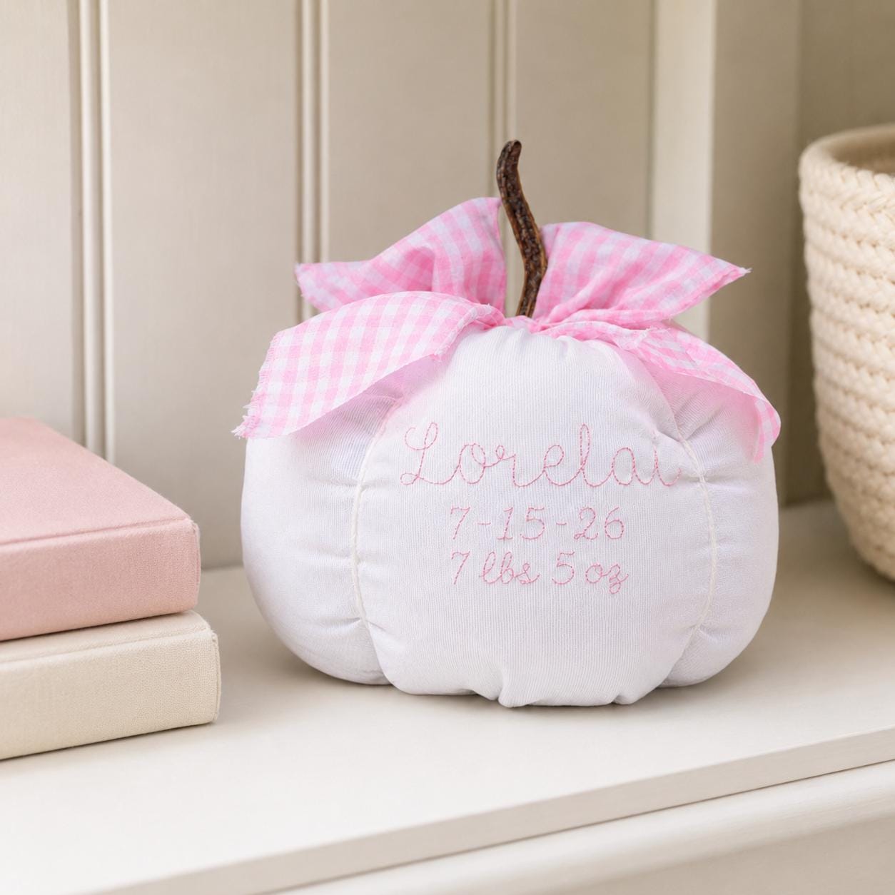 Personalized Baby First Pumpkin, Pink Gingham Nursery Decor, Custom Newborn Keepsake