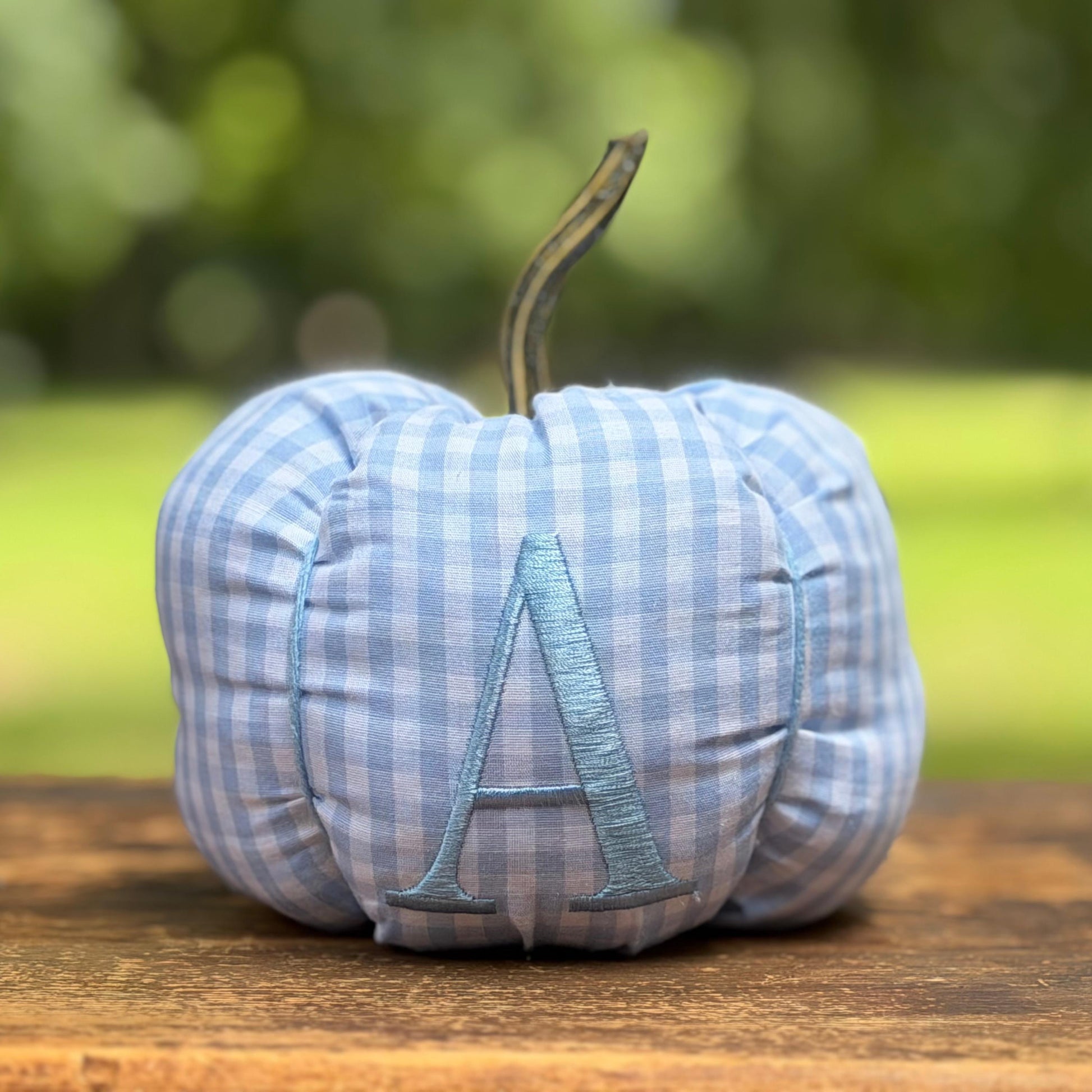 Personalized Blue Gingham Fabric Pumpkin, Monogrammed Nursery Decor, Heirloom Fall Accent