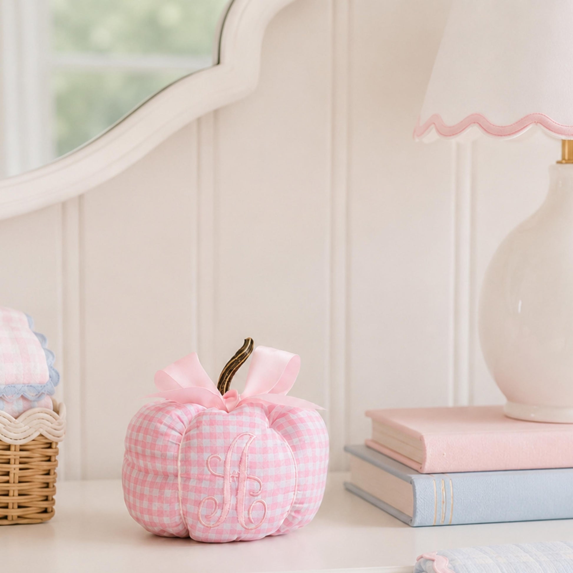 Monogrammed Pink Gingham Fabric Pumpkin, Satin Bow, Nursery Heirloom Fall Decor