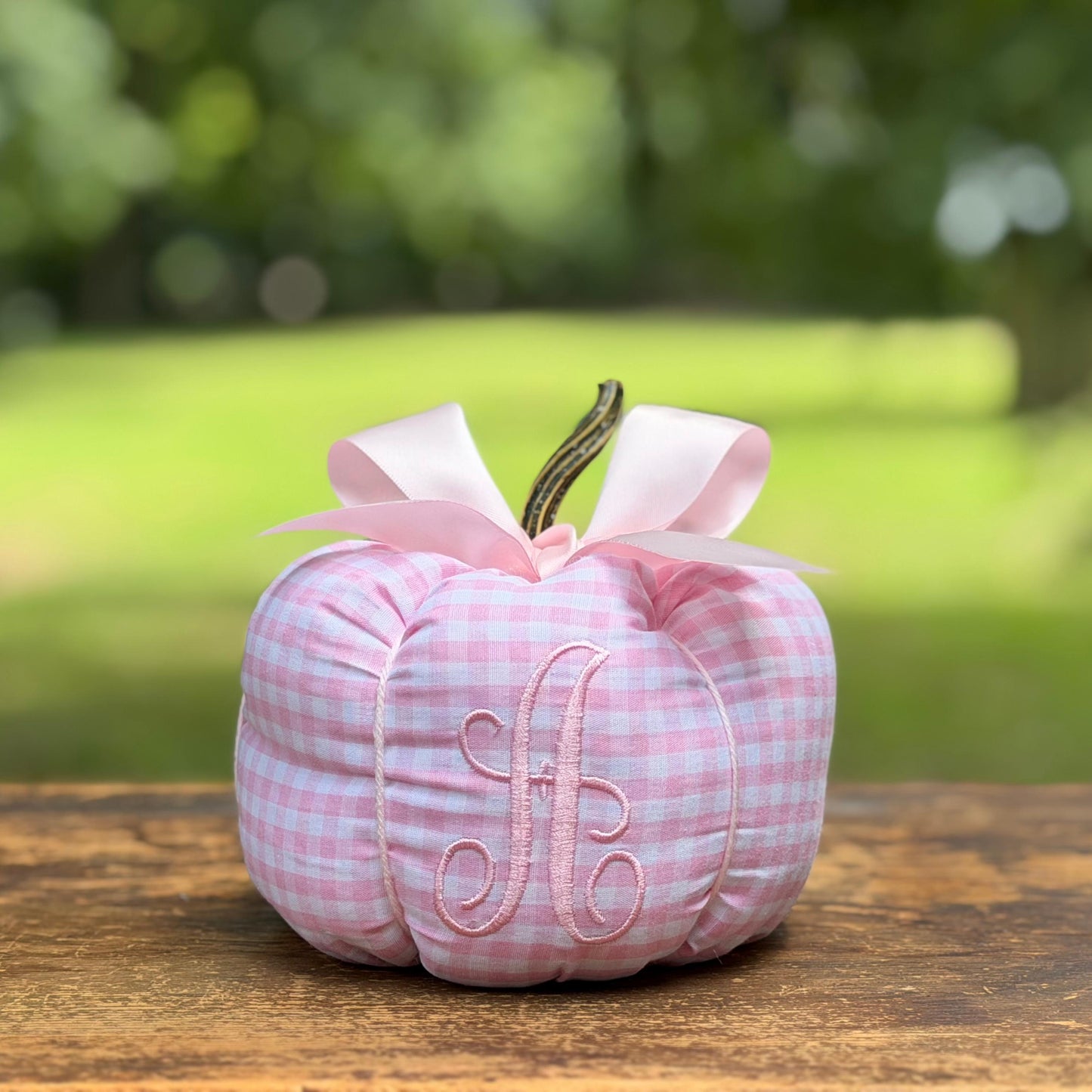 Monogrammed Pink Gingham Fabric Pumpkin, Satin Bow, Nursery Heirloom Fall Decor