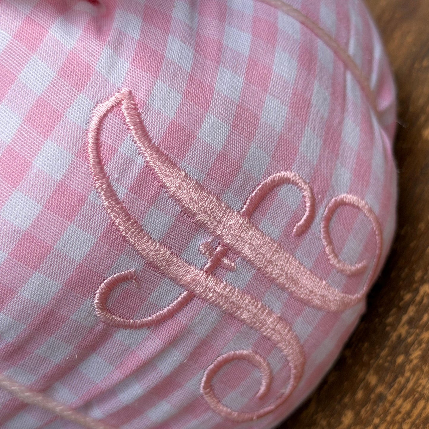 Monogrammed Pink Gingham Fabric Pumpkin, Satin Bow, Nursery Heirloom Fall Decor