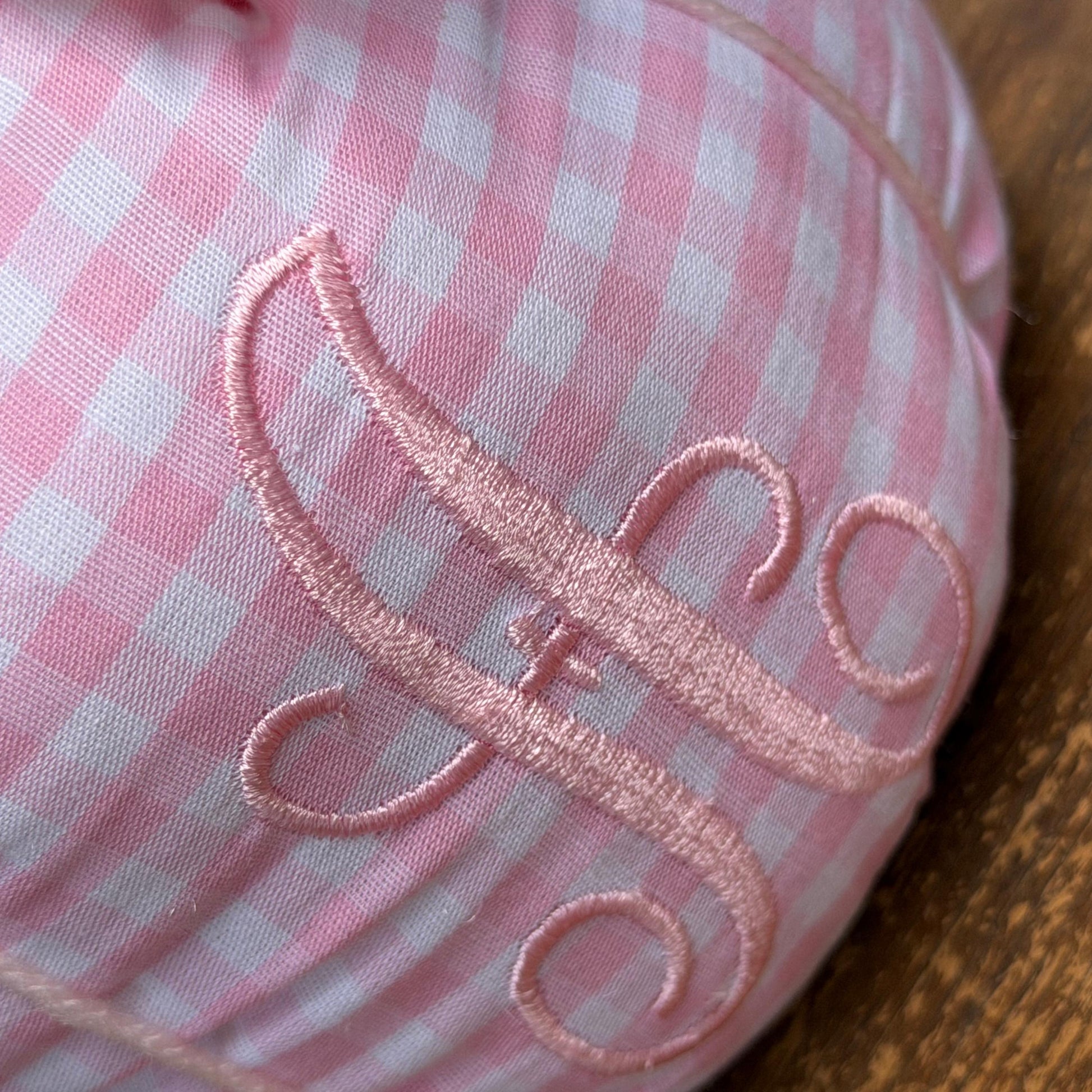 Monogrammed Pink Gingham Fabric Pumpkin, Satin Bow, Nursery Heirloom Fall Decor