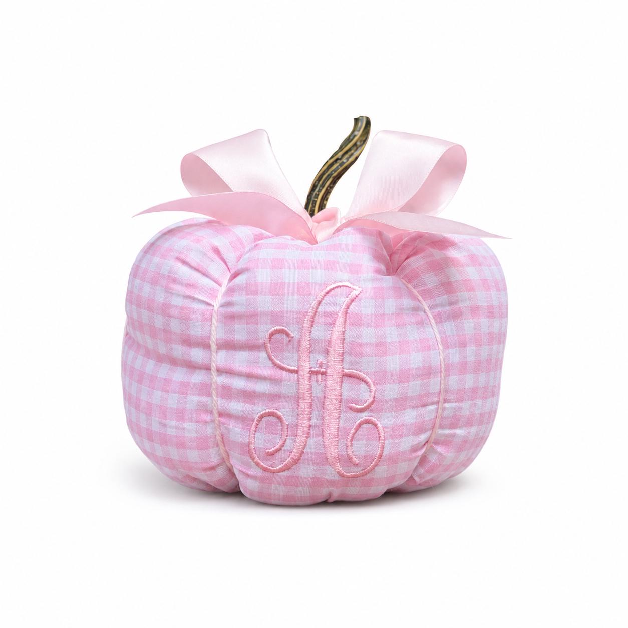 Monogrammed Pink Gingham Fabric Pumpkin, Satin Bow, Nursery Heirloom Fall Decor