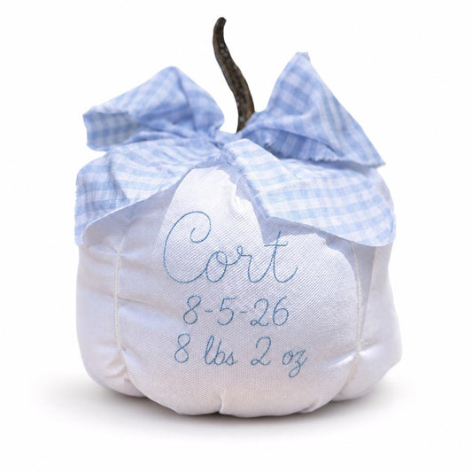 Personalized Baby's First Pumpkin, Blue Gingham Bow Birth Details Keepsake