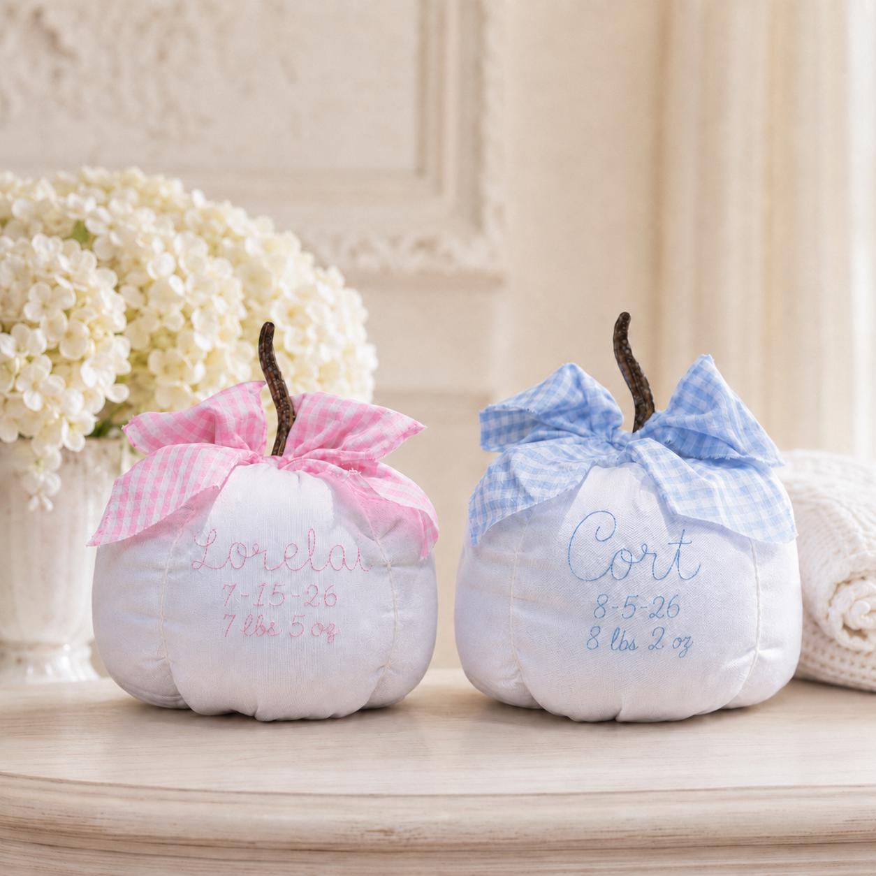 Personalized Baby First Pumpkin, Pink Gingham Nursery Decor, Custom Newborn Keepsake